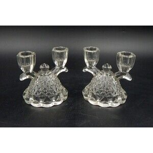 Imperial Glass Co Clear Double Arm Candle Holders Mold #749 Katy Laced Edge Pair